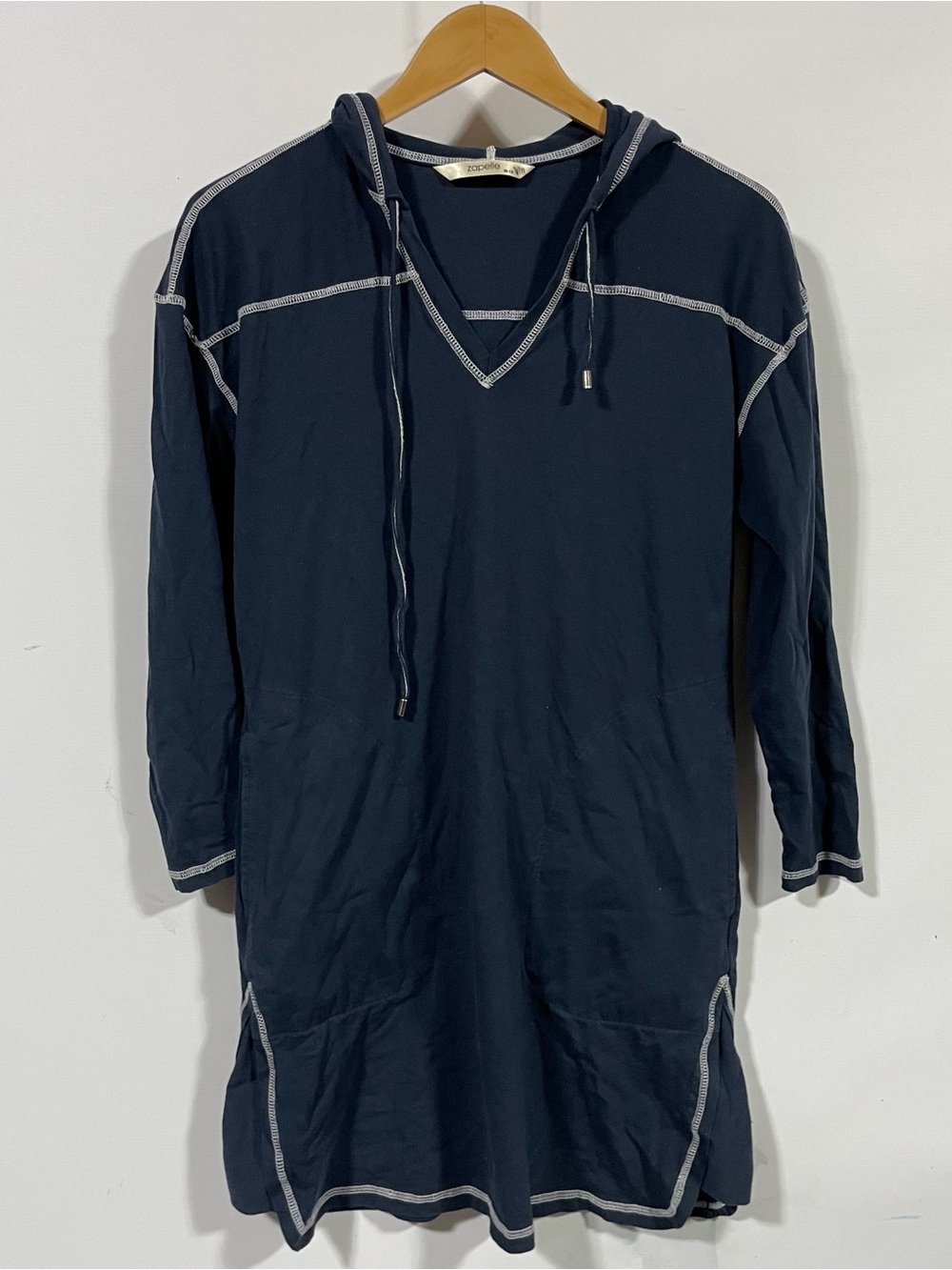 Zapelle Women's Navy Hooded Tunic with Contrast Stitching